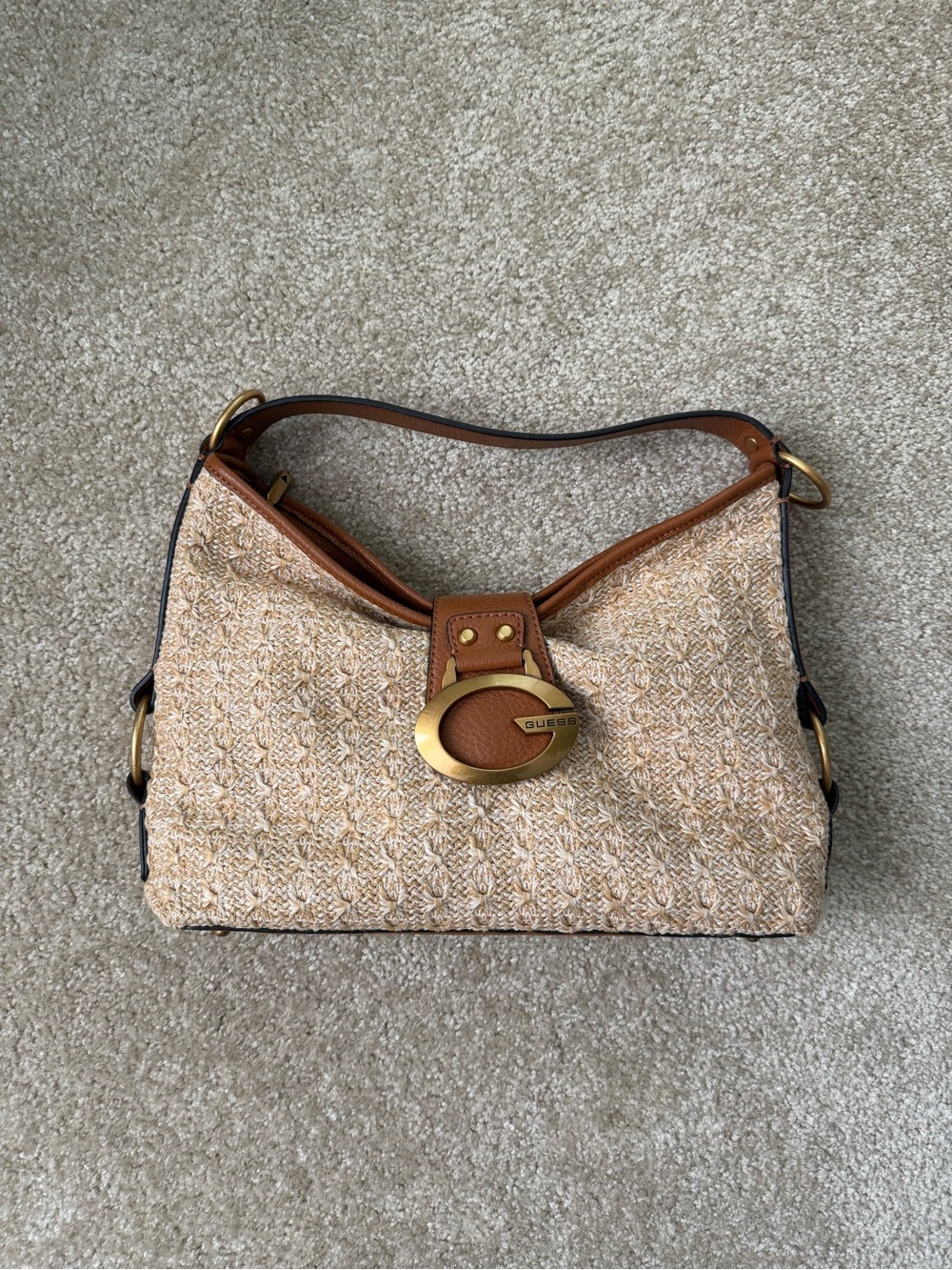 Guess Beige & Tan Woven Shoulder Bag with Gold Logo Accent
